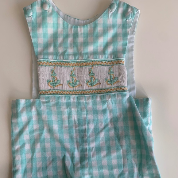 Boy's Shrimp and Grits Plaid Jonjon/Overall with Smocked Anchor Detail 6M - Picture 1 of 4